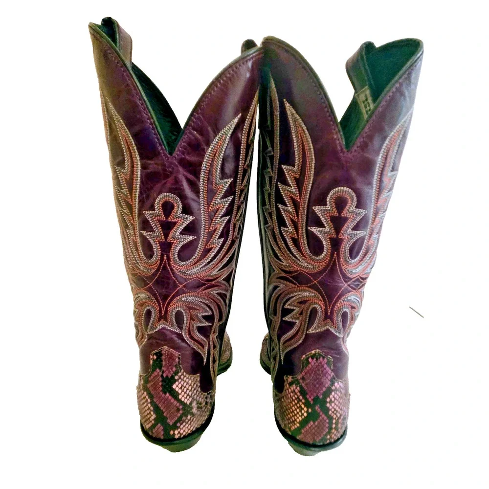 VINTAGE Rare CODE WEST Purple Snakeskin Western Leather COWBOY BOOTS 7.5
